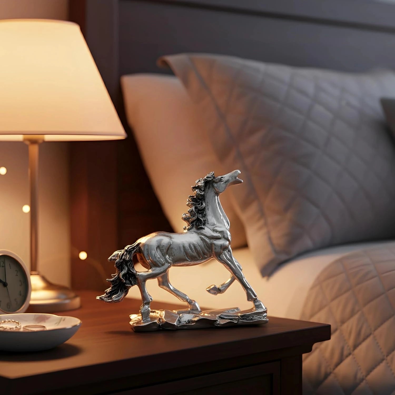 Silver horse statue on a wooden nightstand next to a lit lamp and clock in a cozy bedroom