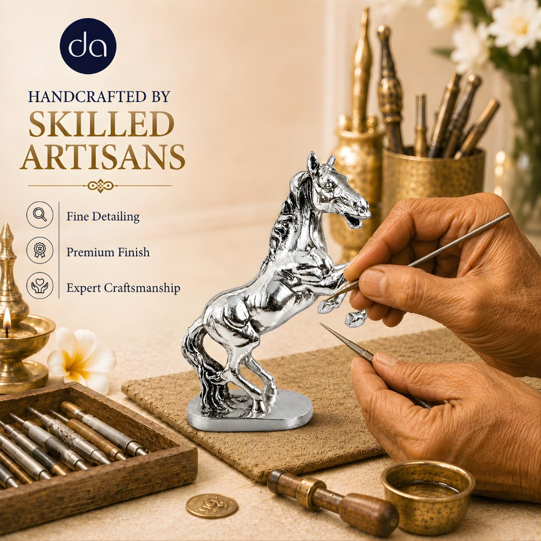 Rearing horse silver-plated statue styled as office desk and Vastu decor