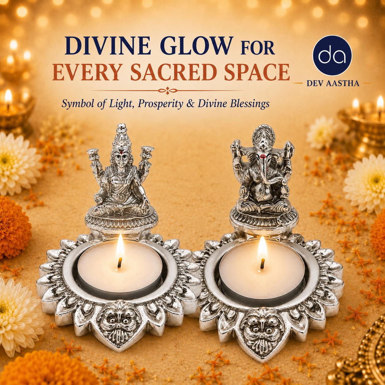 Lakshmi and Ganesha diyas lit side by side among marigold flowers
