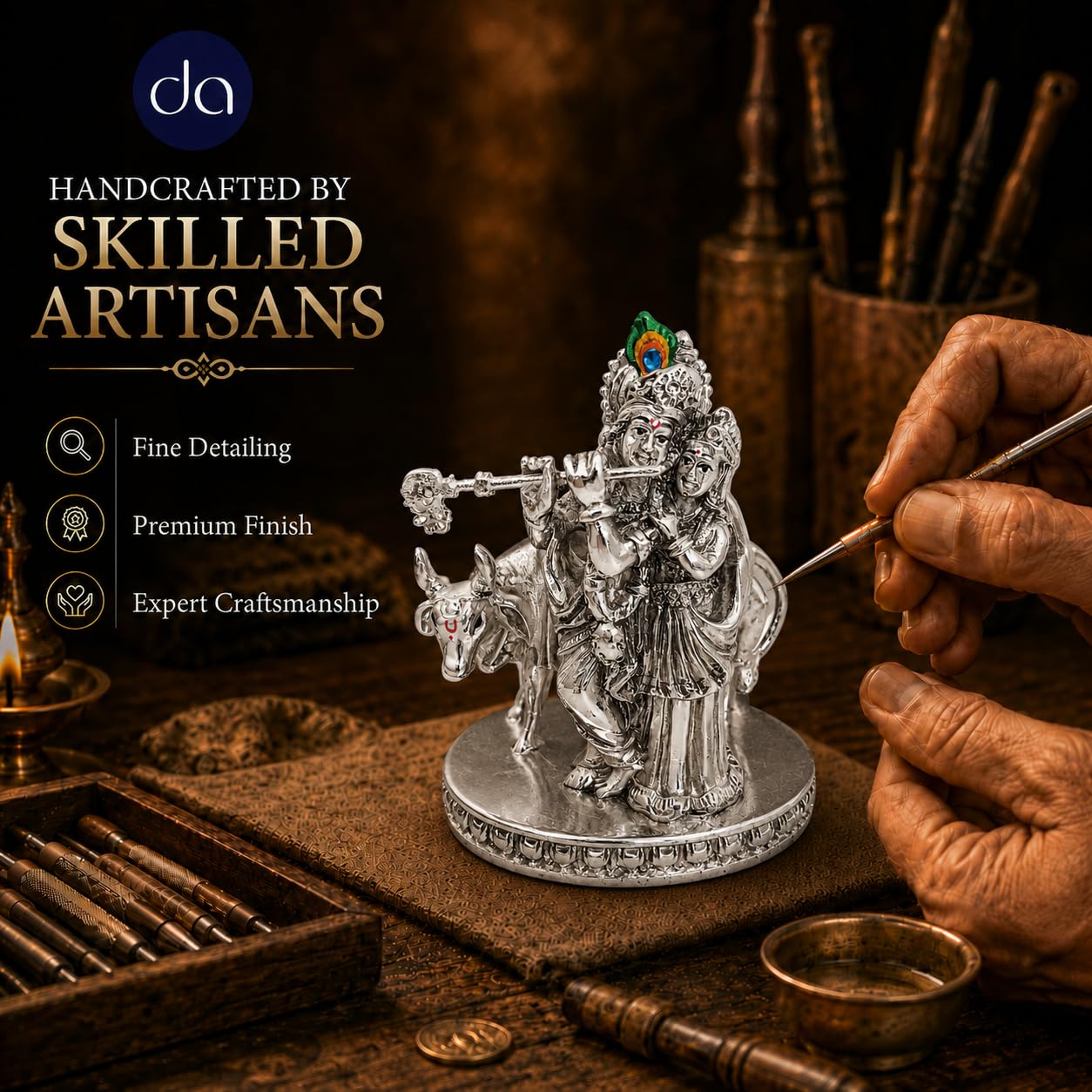 Radha Krishna cow idol styled as home mandir and shelf decor