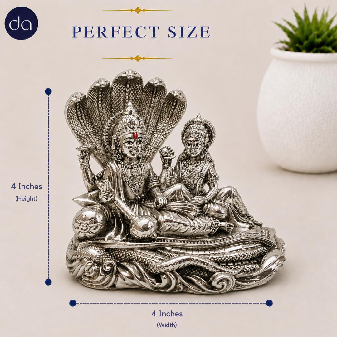 Laxmi Narayan silver-plated idol under serpent hood, front view