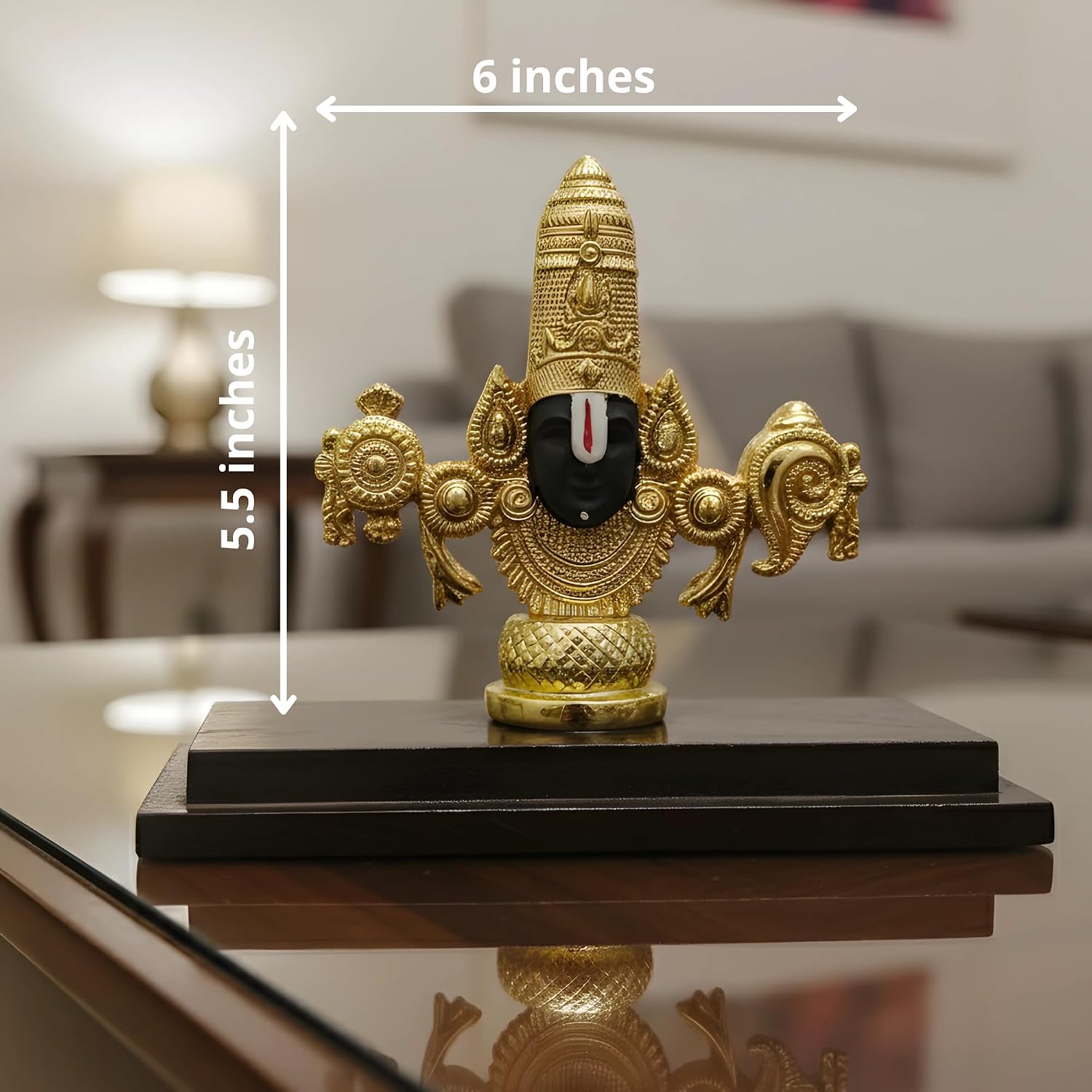 Size chart showing gold Balaji idol 6 inches wide and 5.5 inches tall #gold-6-inch #dim