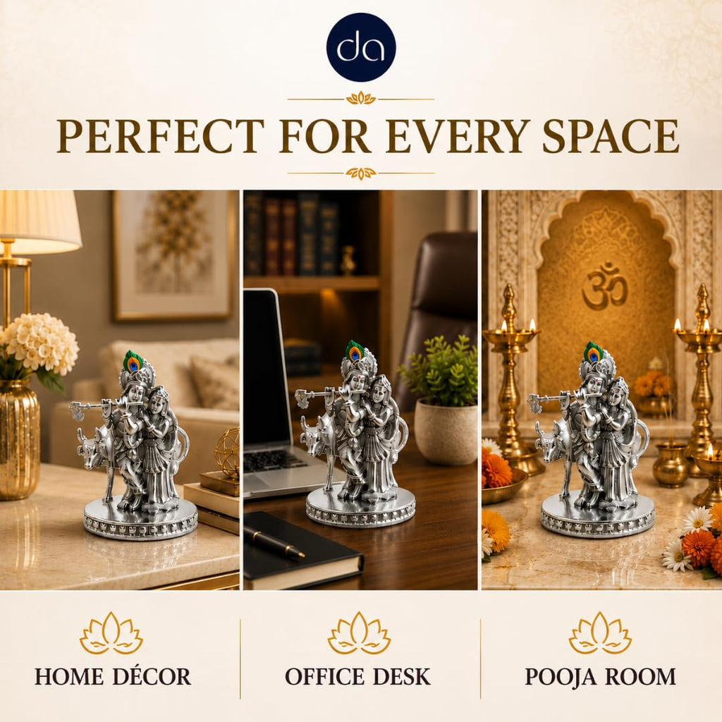 Radha Krishna with cow silver-plated idol, alternate angle