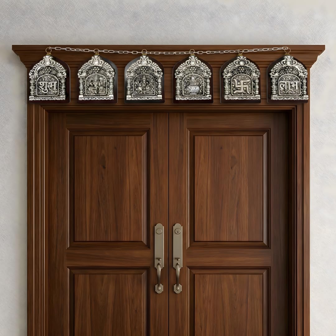 Six-piece bandarwal of silver plaques strung on chain across a wooden double door #pack-of-6