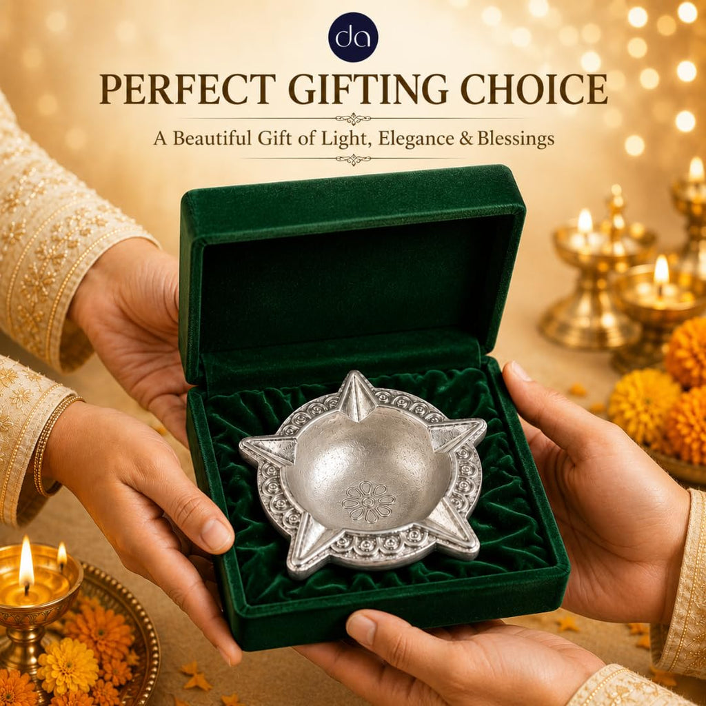 Silver-plated Panchmukhi diya shown from an alternate angle