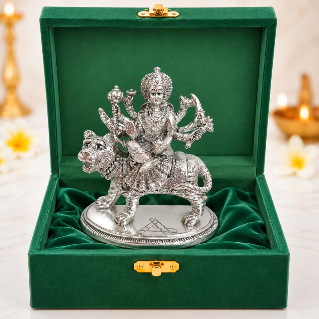 Durga Maa on tiger silver-plated idol, 4.2 inch, Sherawali Mata murti