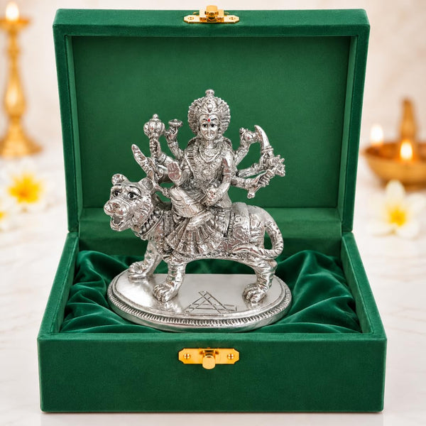Durga Maa on tiger silver-plated idol, 4.2 inch, Sherawali Mata murti