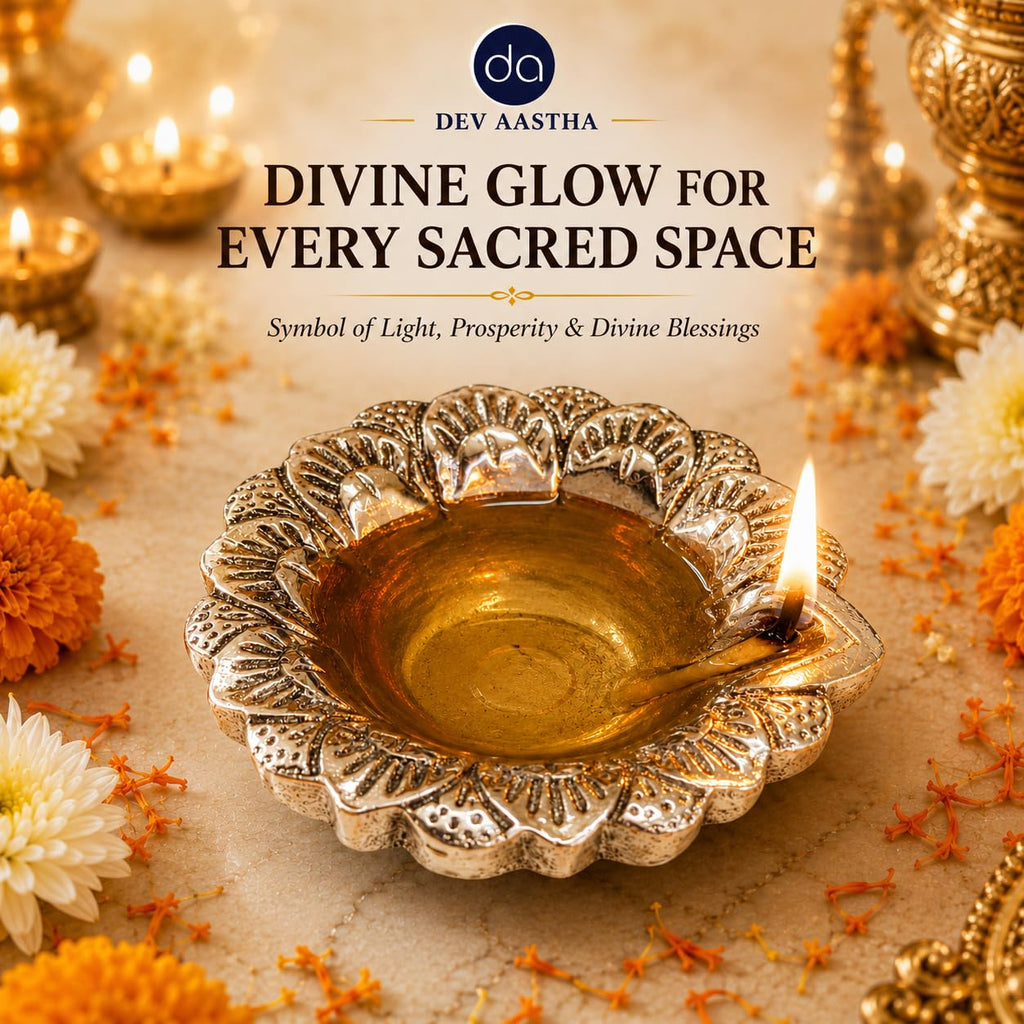 Silver-plated flower deepak shown from an alternate angle