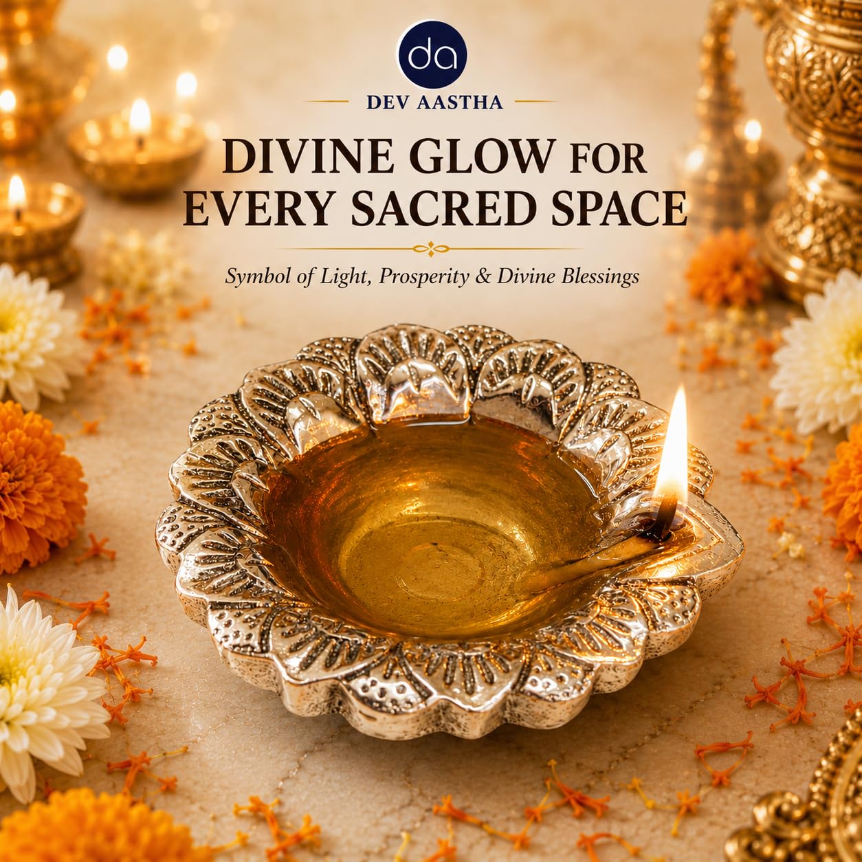 Silver-plated flower deepak shown from an alternate angle