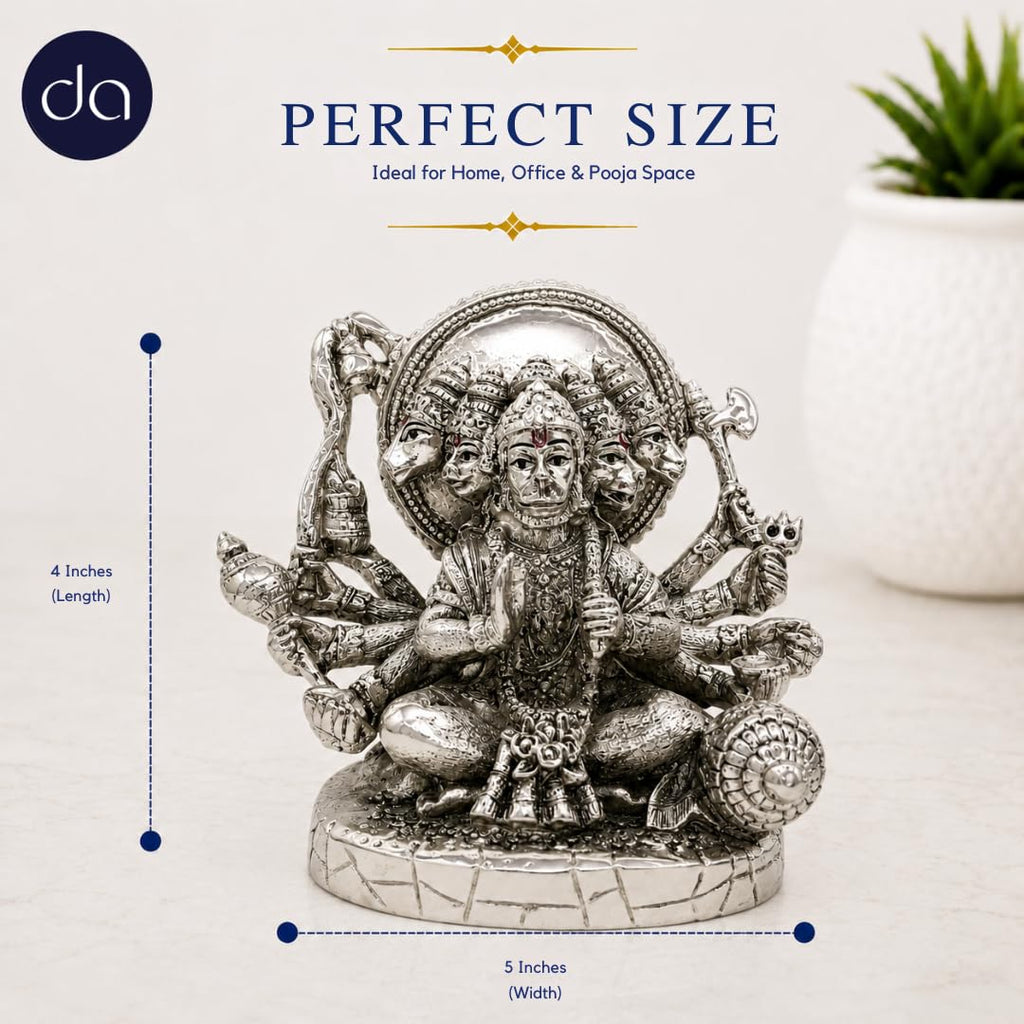 Five-faced Panchmukhi Hanuman silver-plated idol front view