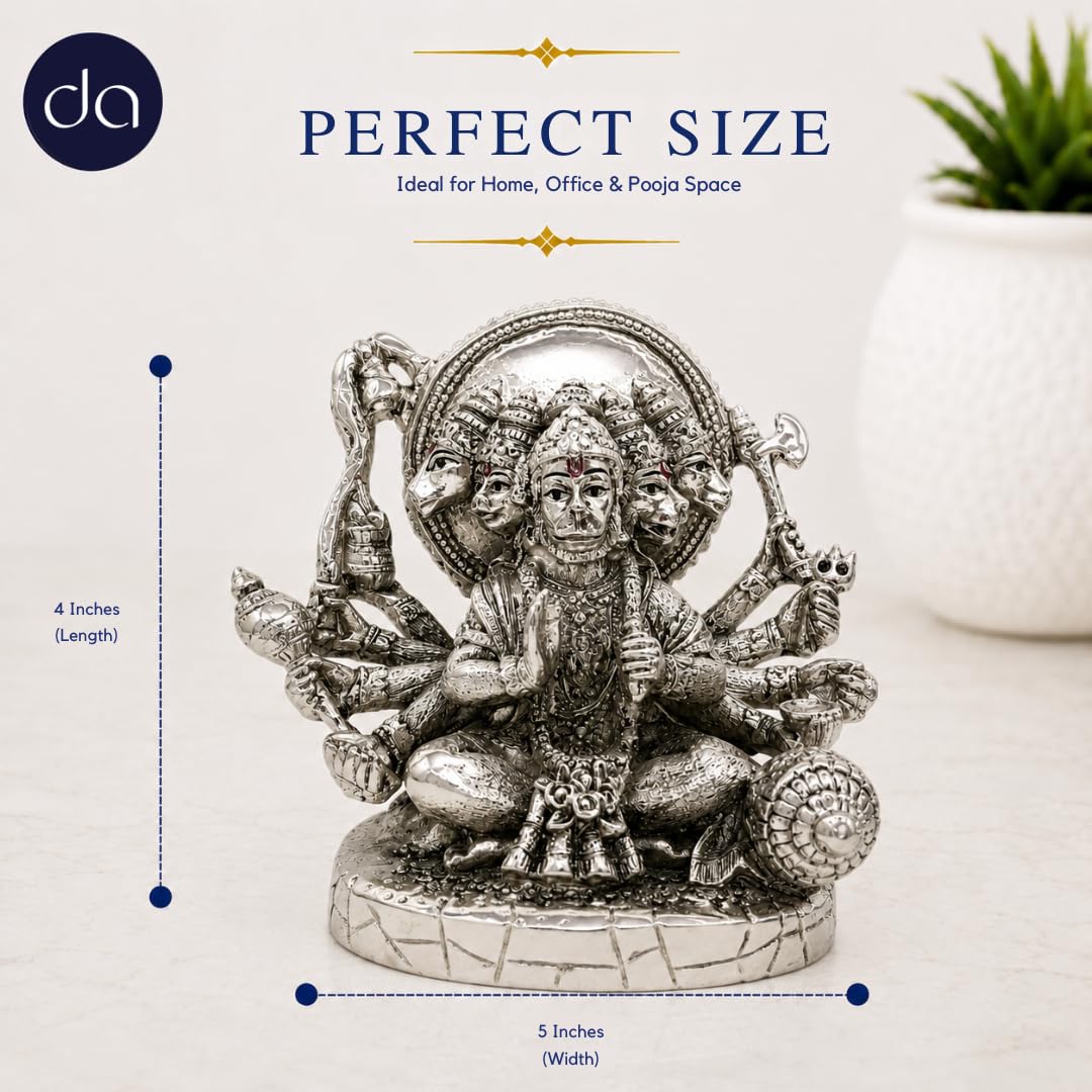 Five-faced Panchmukhi Hanuman silver-plated idol front view