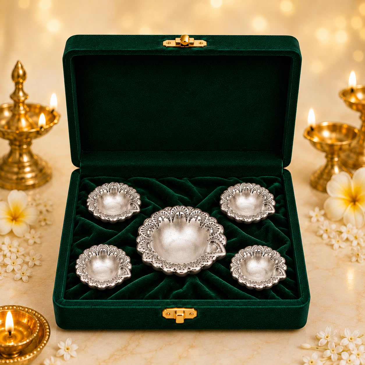 Silver-plated flower diya set of 5 for Diwali decoration