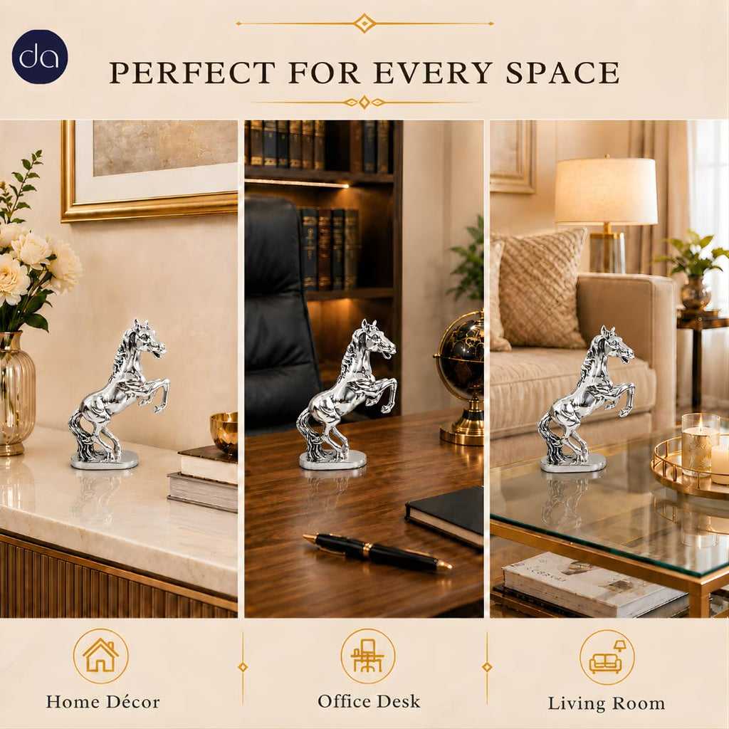 Silver-plated rearing horse statue shown from an alternate angle