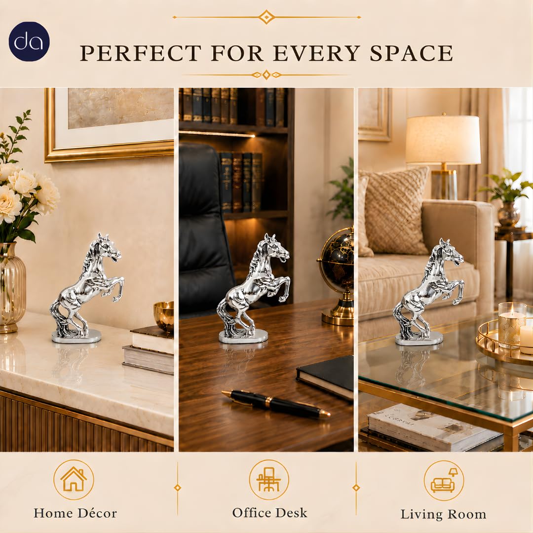 Silver-plated rearing horse statue shown from an alternate angle