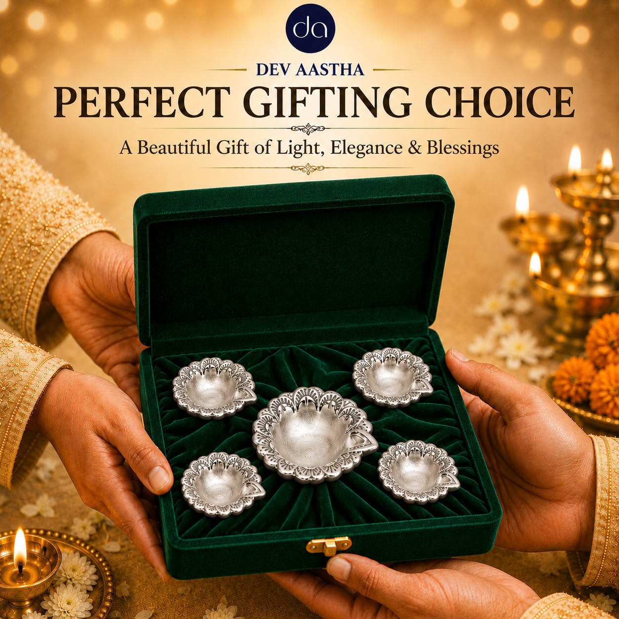 Set of silver-plated flower diyas arranged for Diwali