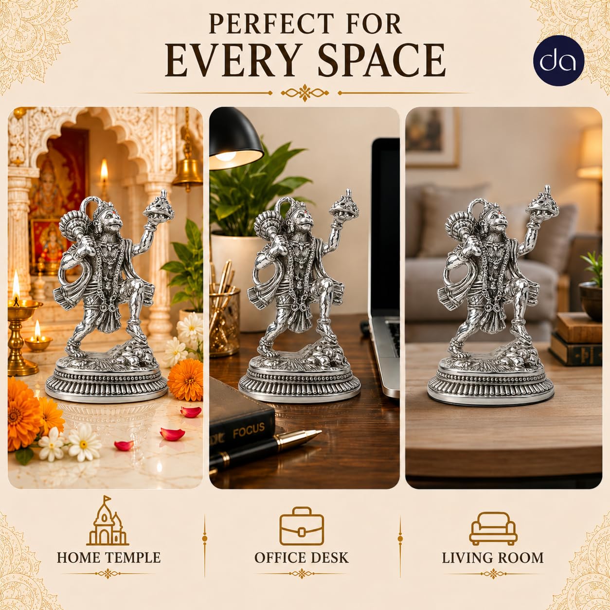 Sanjeevani Hanuman silver-plated idol styled in pooja room