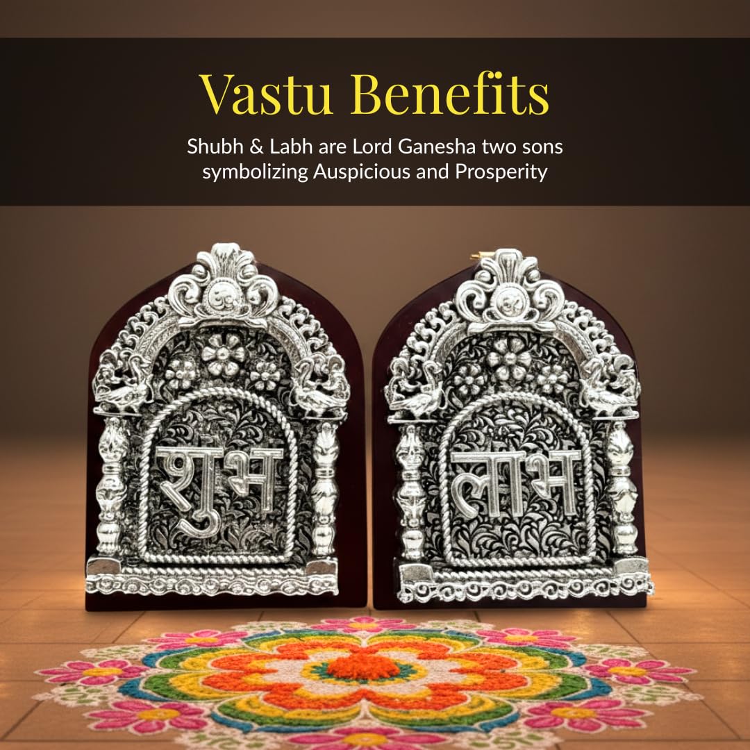 Shubh and Labh plaques over a flower rangoli with vastu meaning of the names #common