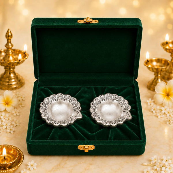 Silver-plated flower diya set of 2 for pooja