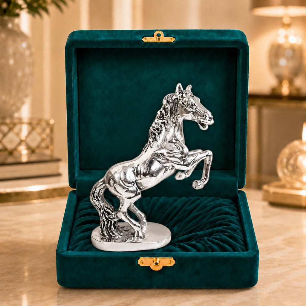 Silver-plated rearing horse statue in a green velvet gift box with gold clasp