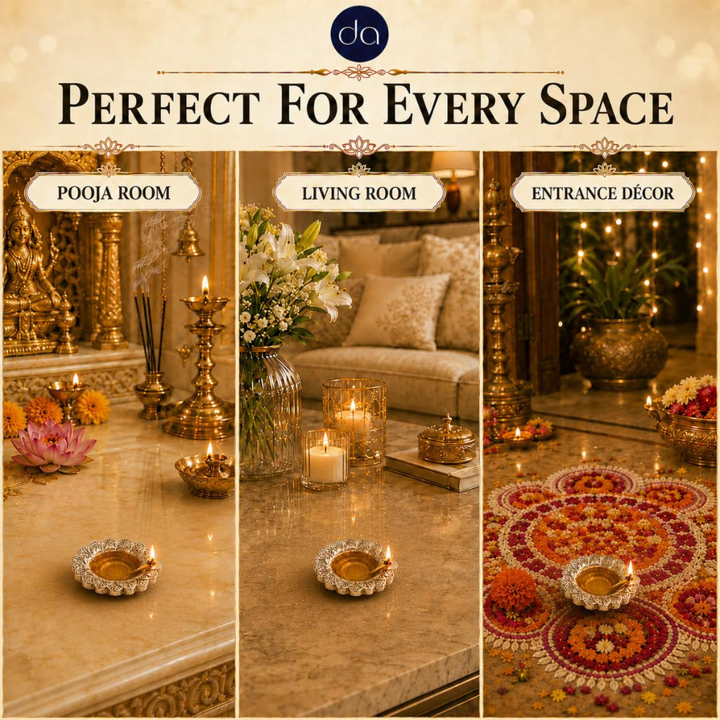 Flower diya styled at a home entrance for festival lighting