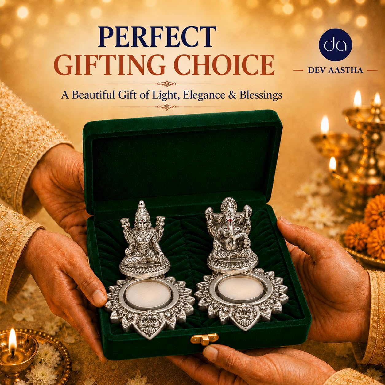 Hands holding an open velvet gift box containing the Lakshmi Ganesha diya set of 2