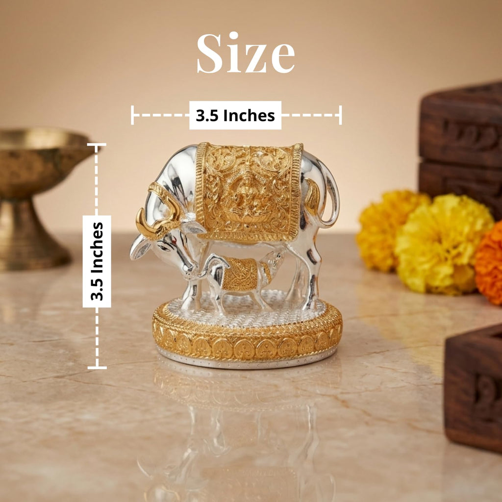 Kamdhenu cow gold and silver-plated idol size chart: 3.5 inches wide and 3.5 inches tall