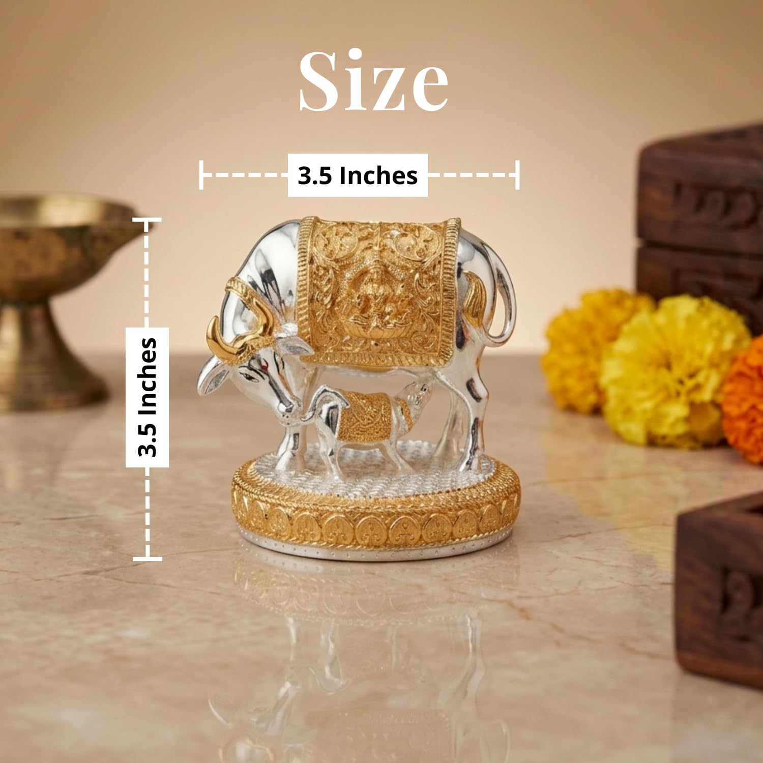 Kamdhenu cow gold and silver-plated idol size chart: 3.5 inches wide and 3.5 inches tall