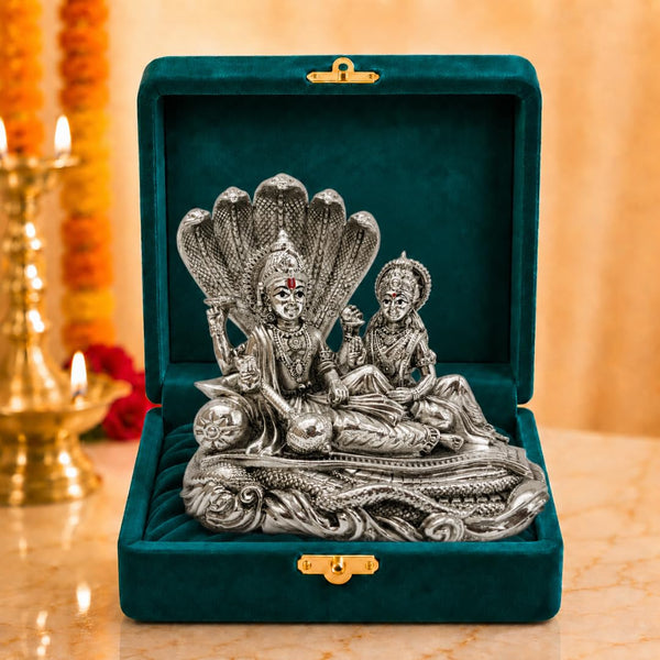 Vishnu Lakshmi on Sheshnag silver-plated idol, 4 inch, Laxmi Narayan murti