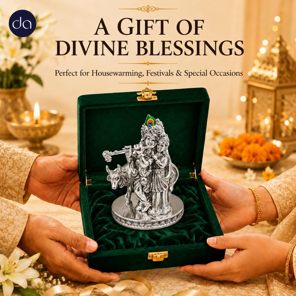999 silver-plated Radha Krishna and sacred cow idol detailing
