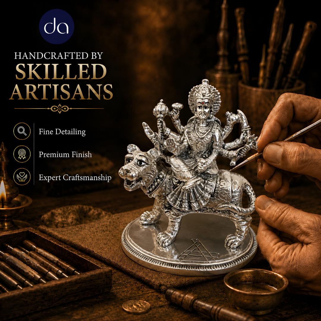 Durga Maa silver-plated idol placed in a home pooja room