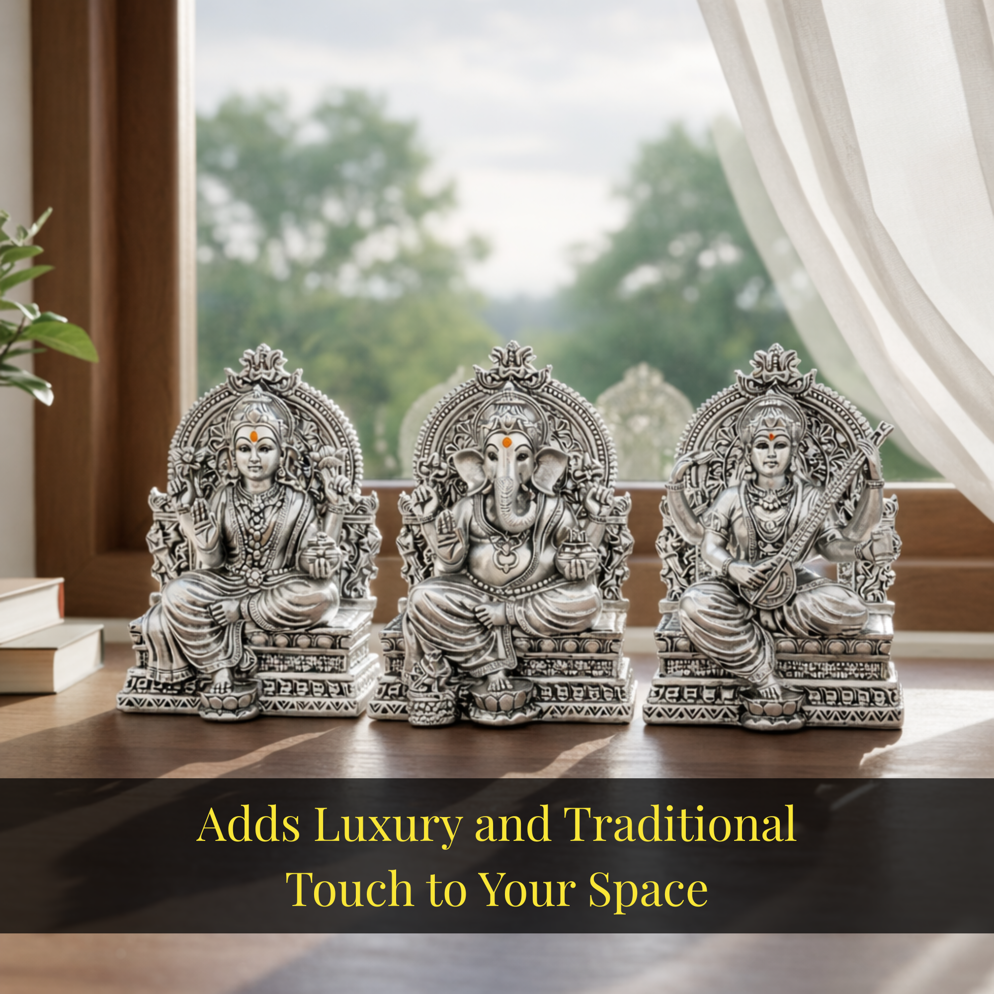 Lakshmi Ganesh Saraswati Silver-Plated Idol Set | Standard (3.7")