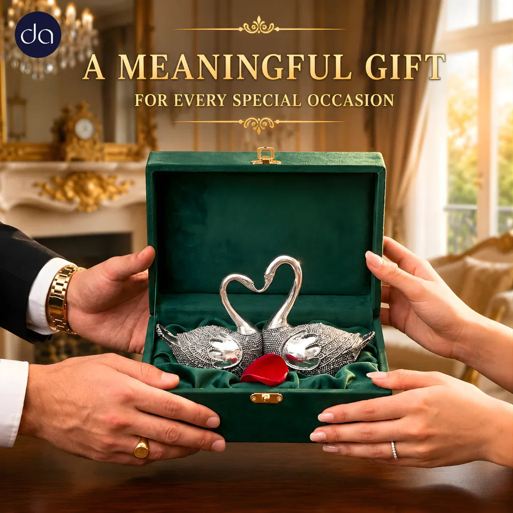 Couple exchanging swan lovebirds pair in green velvet box, wedding gift for couple