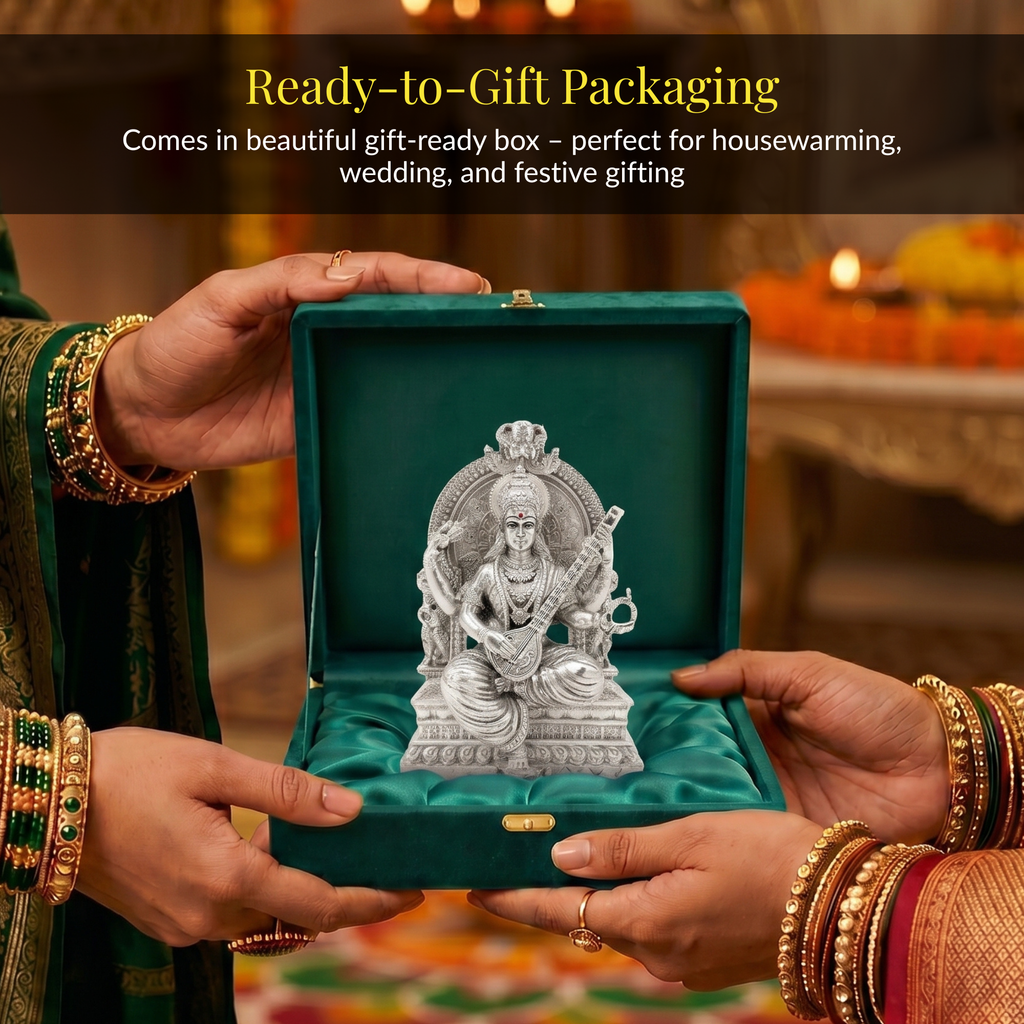 Silver-Plated Saraswati Idol | 3.7 inch