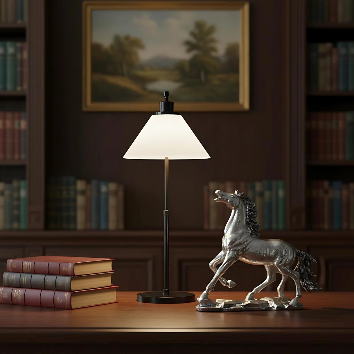 Silver horse statue and modern table lamp on wooden desk with books and landscape painting