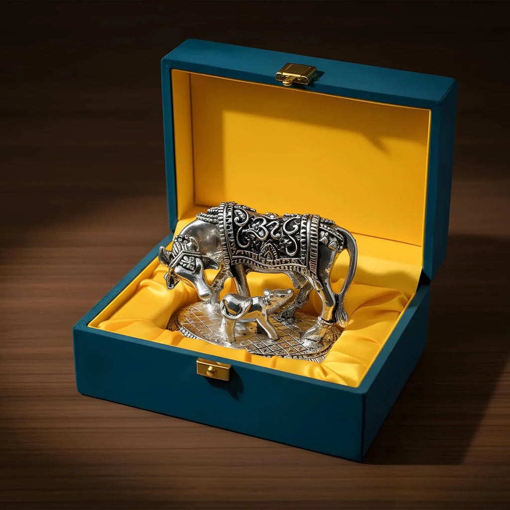 Silver cow and calf figurine with intricate carvings in a blue and yellow silk-lined gift box
