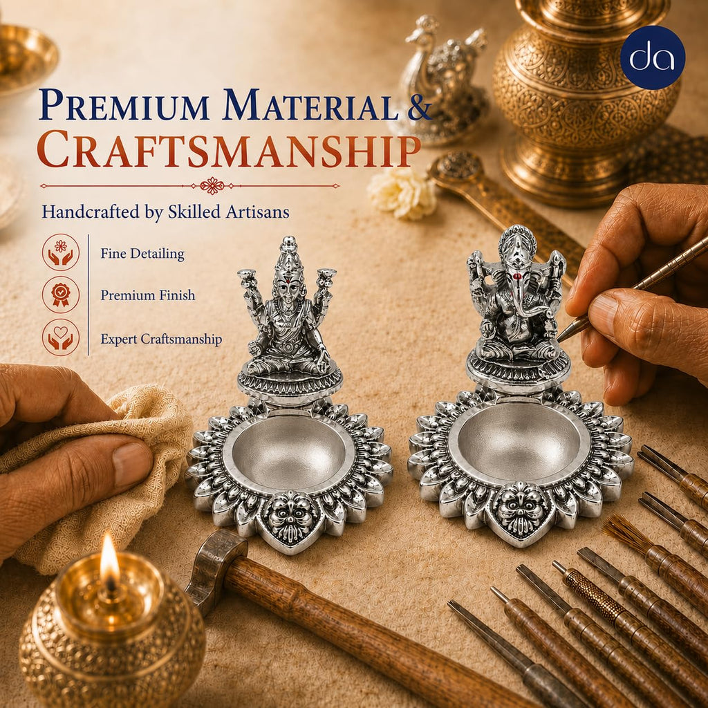 Artisan hand-finishing the silver-plated Lakshmi Ganesha diyas with engraving tools