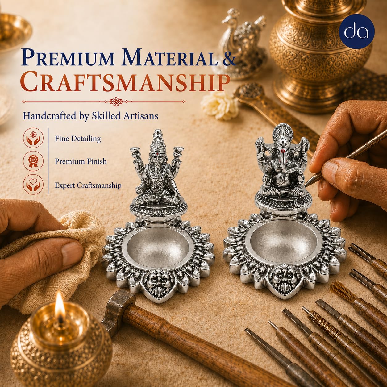 Artisan hand-finishing the silver-plated Lakshmi Ganesha diyas with engraving tools