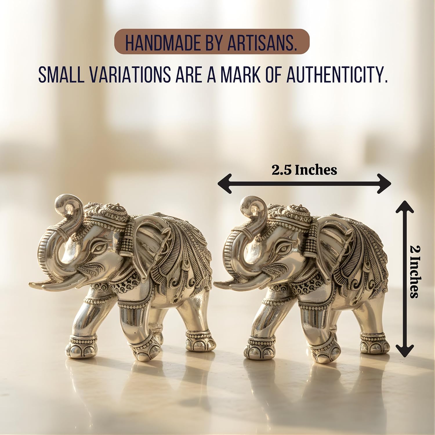 Size chart for the 2 inch elephant pair: 2.5 inches long, 2 inches tall #2-2-inch #dim