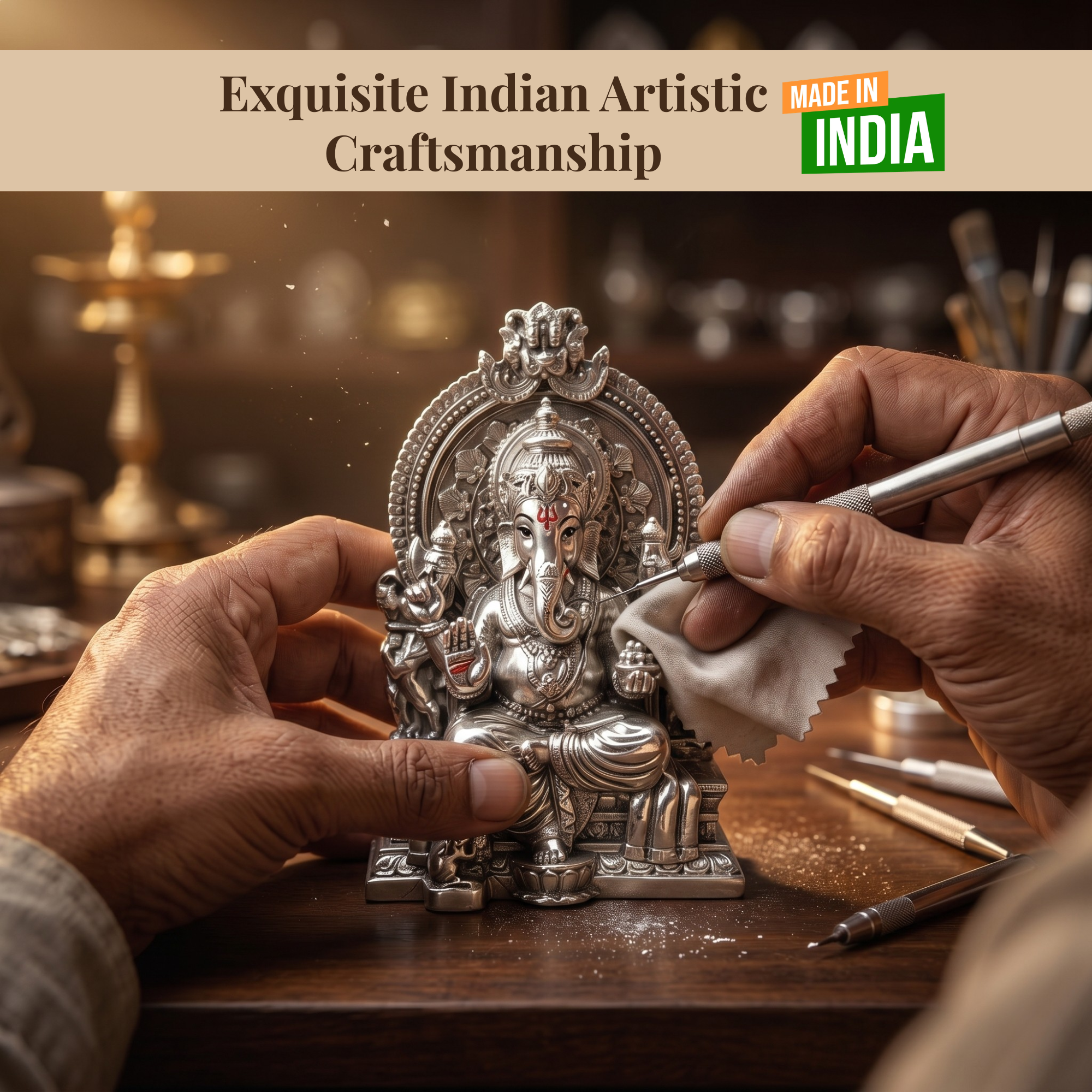 Throne Ganesha Silver-Plated Idol (3.7")