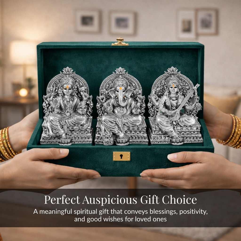Lakshmi Ganesh Saraswati Silver-Plated Idol Set | Standard (3.7")