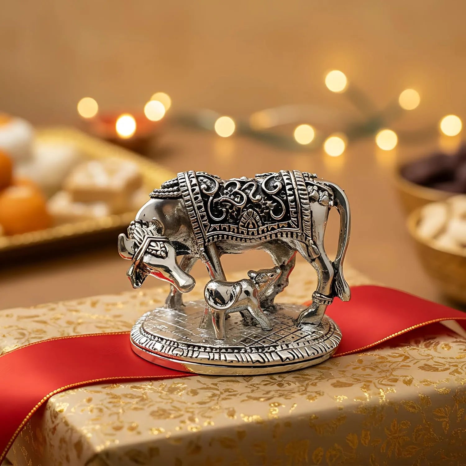 Silver cow and calf statue on gold gift box with red ribbon and festive lights