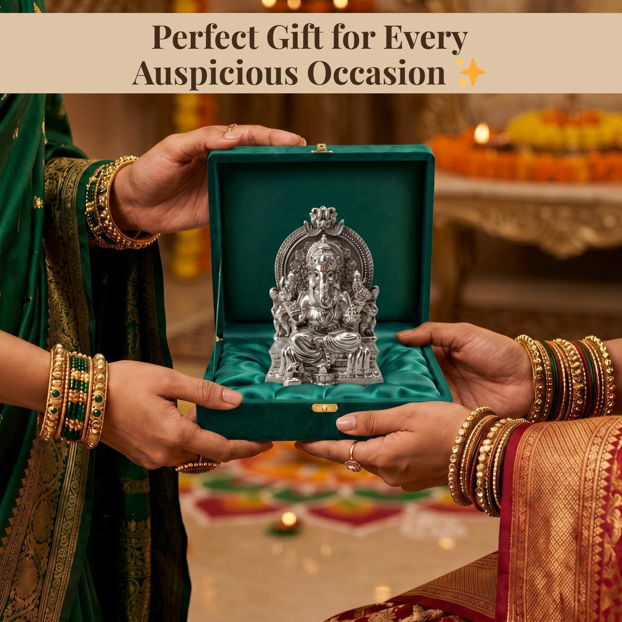 Throne Ganesha Silver-Plated Idol (3.7")