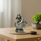 Silver serpent sculpture on round mat, wooden table with small bonsai and smooth stone