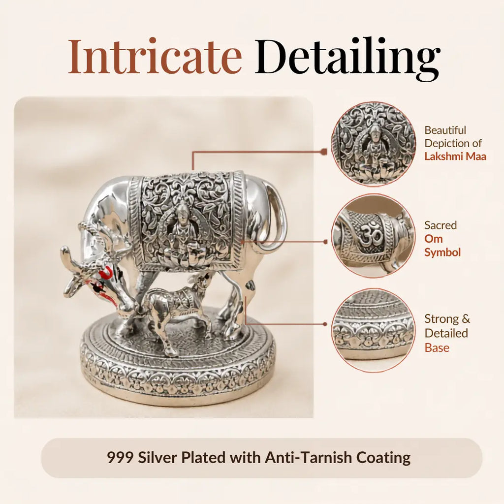 Detailing callouts on the 2.5 inch silver Kamdhenu cow idol: Lakshmi Maa panel, sacred Om symbol and engraved base, 999 silver plated with anti-tarnish coating #2-5-inch