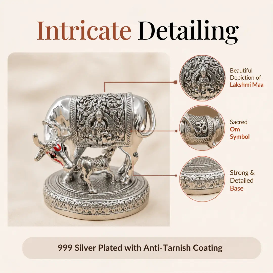 Detailing callouts on the 2.5 inch silver Kamdhenu cow idol: Lakshmi Maa panel, sacred Om symbol and engraved base, 999 silver plated with anti-tarnish coating #2-5-inch