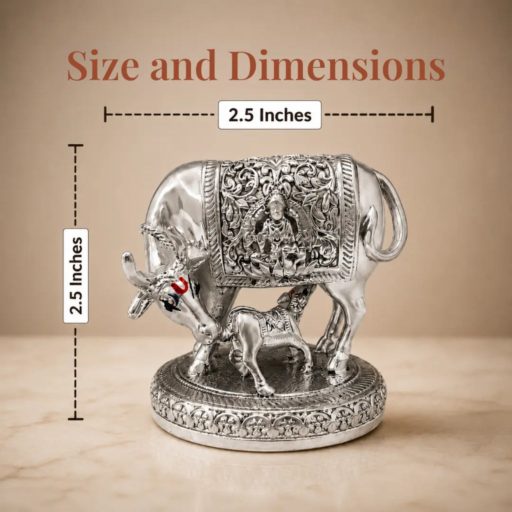 Size chart: 2.5 inch silver-plated Kamdhenu cow and calf idol measuring 2.5 inches wide and 2.5 inches tall #2-5-inch #dim