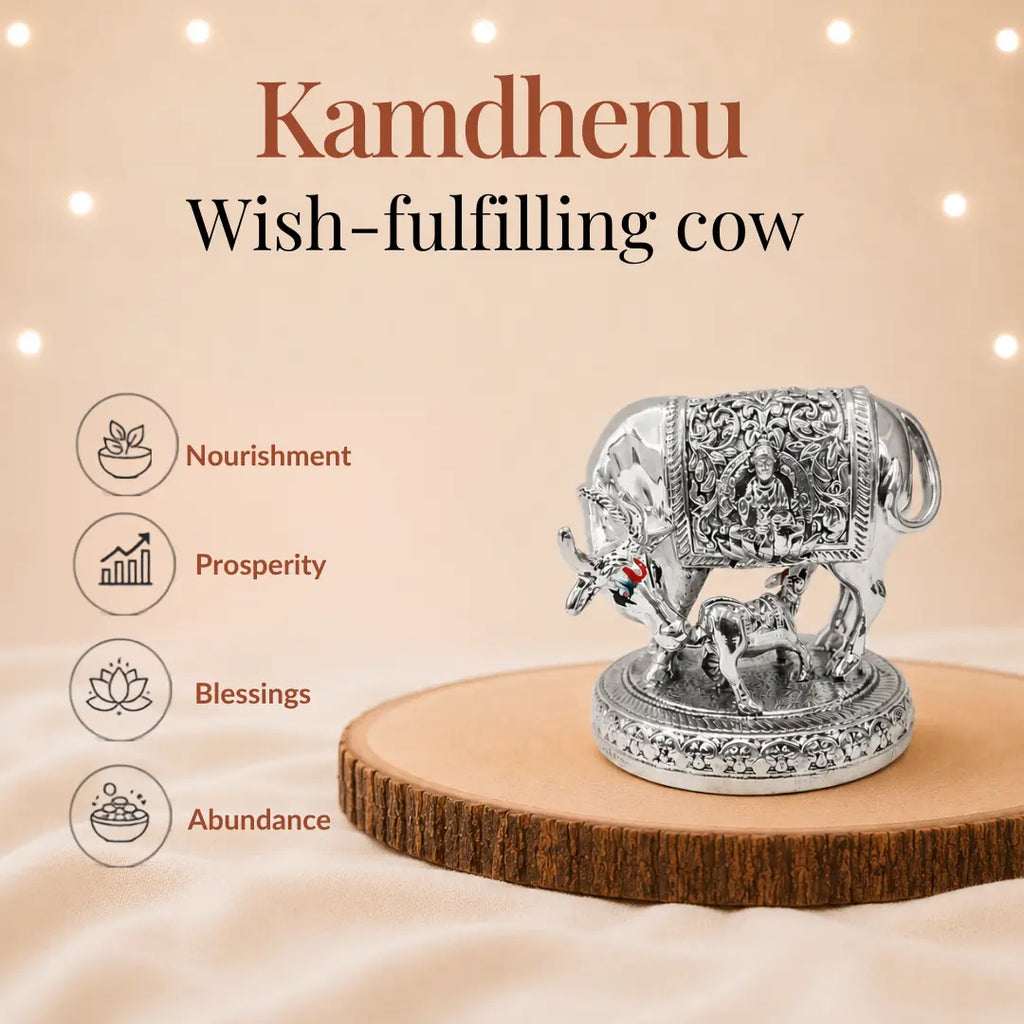 Kamdhenu wish-fulfilling cow benefits shown around the 2.5 inch silver idol: nourishment, prosperity, blessings and abundance #2-5-inch