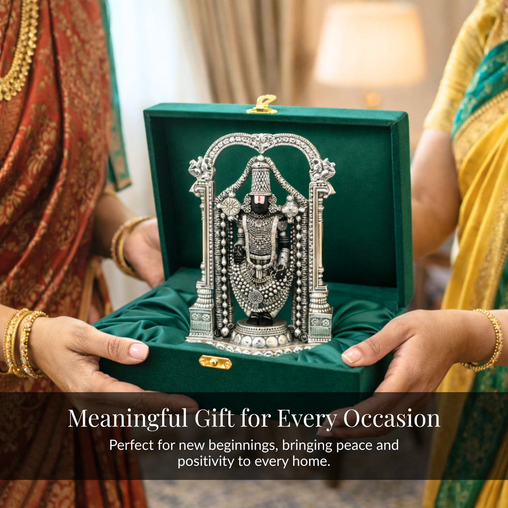 Women in sarees exchanging standing Balaji idol in velvet box, a gift for every occasion