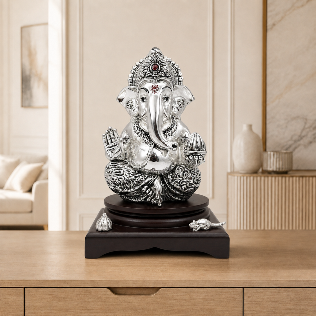 10-inch silver-plated Lord Ganesha idol with wooden base