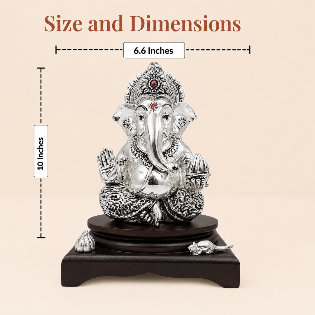 10-inch Ganesha idol dimensions showing 10-inch height and 6.6-inch width